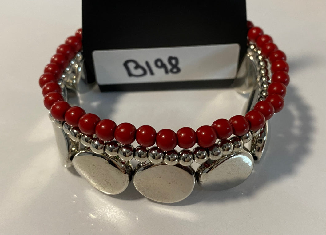 Beyond The Basics - Red Beads - Silver Stretchy Bands - Set of 3 Bracelets