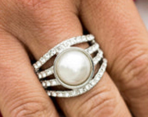 A Big Break - White Pearl - Silver Rhinestone Ring - Fashion Fix / Trend Blend March