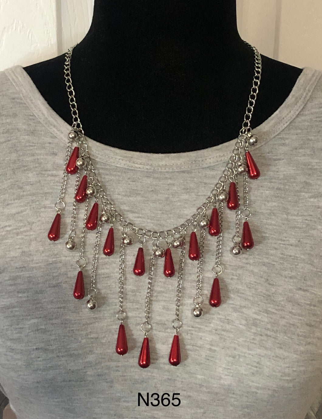 Fleur de Fringe - Red Teardrop Beads - Silver Chain - Necklace
